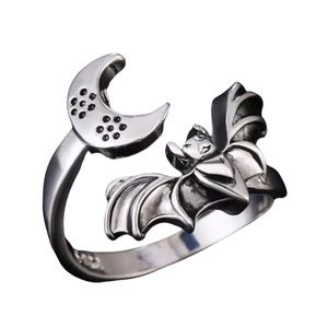 Bat and Crescent Moon Bypass Ring New size 7 8 9 goth unisex new